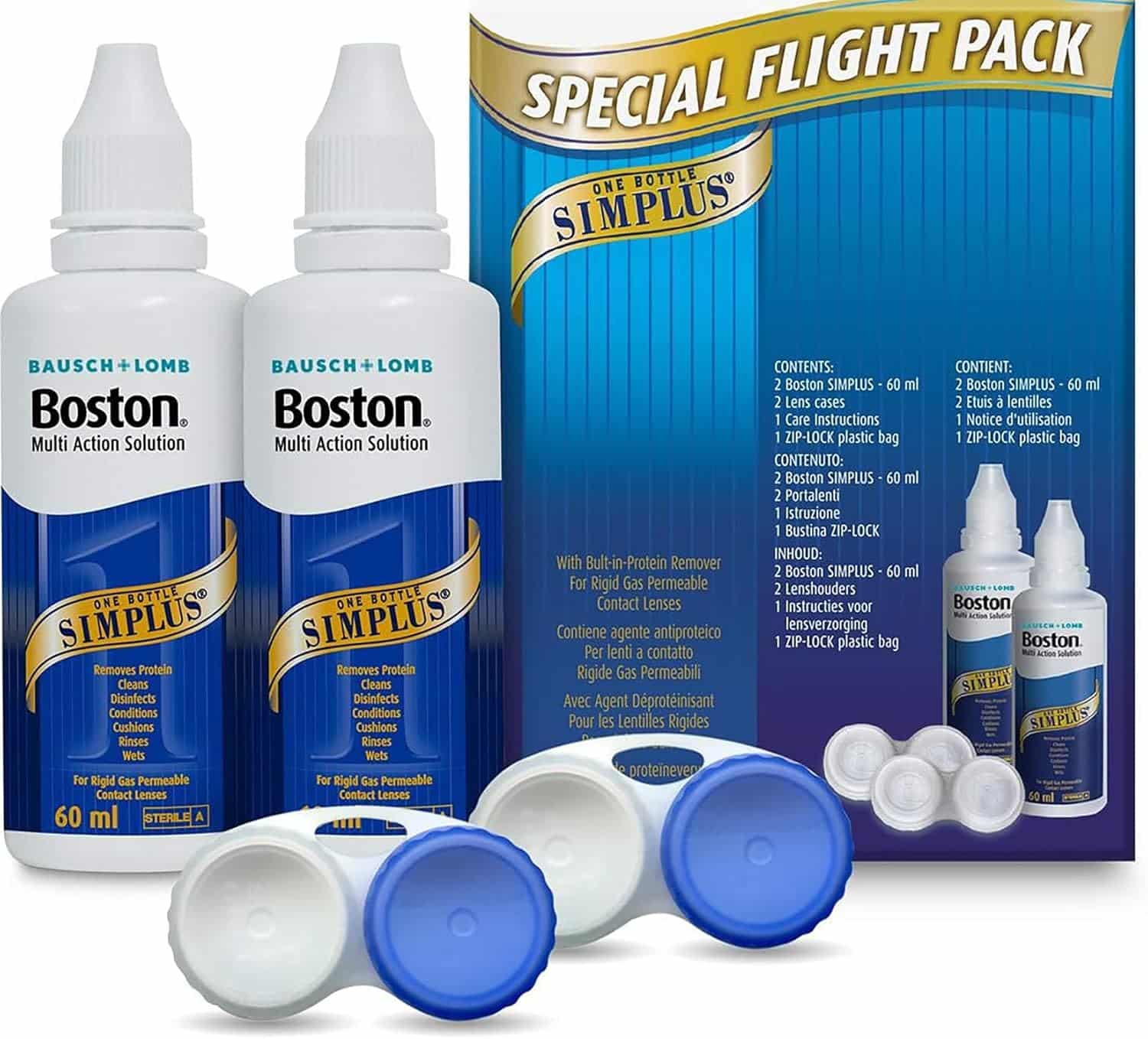 71pqJuc+xlL._AC_SL1500_ Boston Simplus Travel Contact Lens Solution, 2X 60ml Flight Pack Size, Multi-Action Solution for Rigid Gas Permeable Contact Lenses, Clean, Disinfect & Condition, 2X Lens Cases for Travel Convenience - Image 1